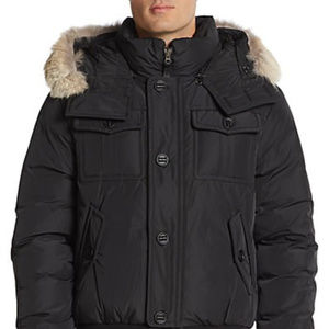 Mackage Black Leather Coyote Fur-Trimmed Down Jack